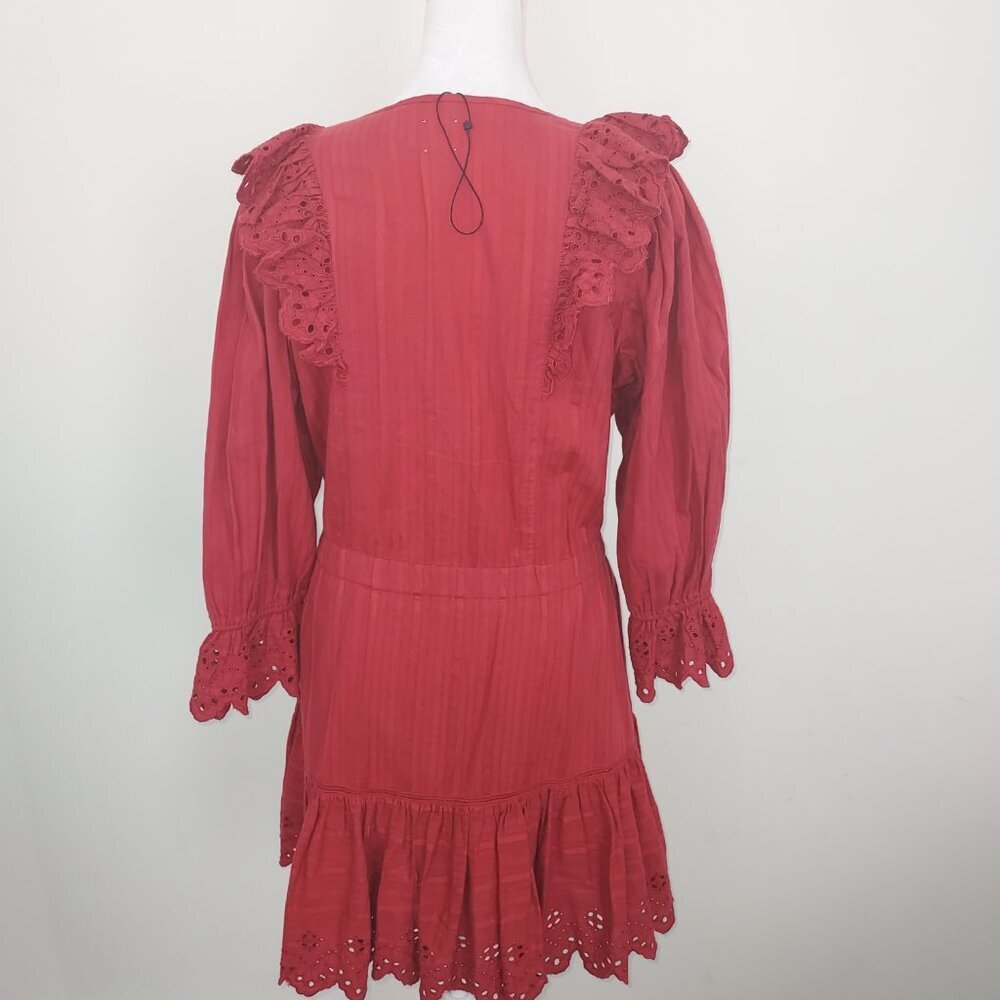 Rebecca Taylor La Vie Satin Stripe Dobby Ruffle Eyelet Red Mini Dress Size Sm - Picture 4 of 14